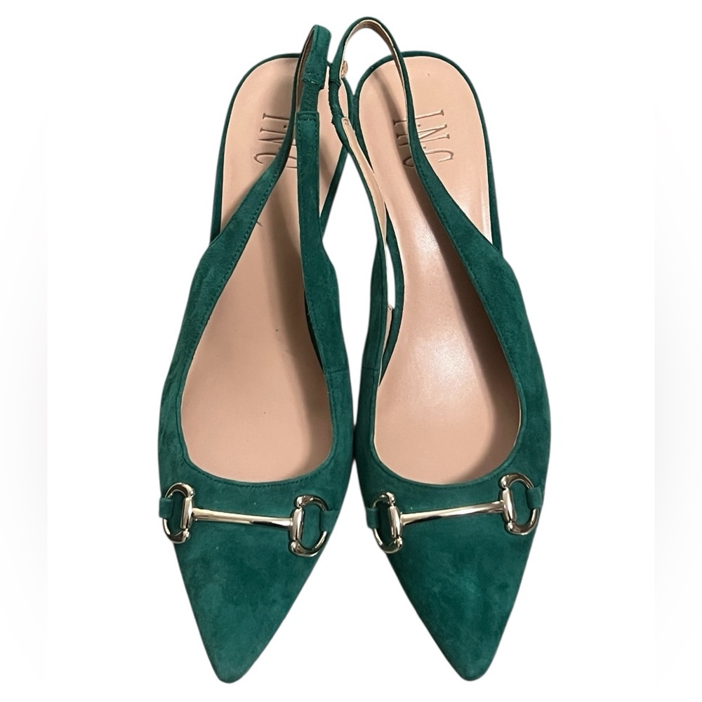 INC International Concepts Carynn green suede horsebit slingback kitten heels - Picture 3 of 9